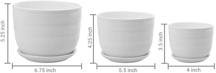 Set of 3 White Glazed Round RIbbed Ceramic Nesting Planters with Attached Saucers-MyGift