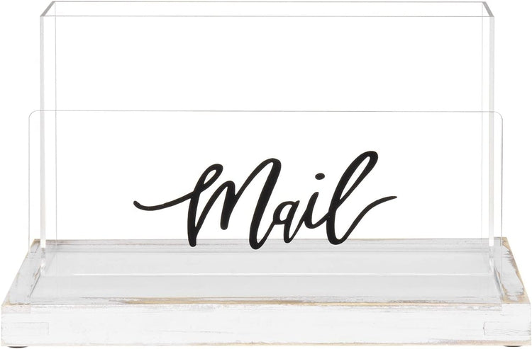 Clear Acrylic Mail Sorter with Removable Whitewashed Wood Tray Base, Desktop Letter Holder with Black Cursive MAIL Label-MyGift