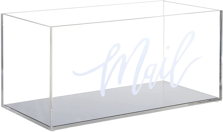 Clear Acrylic Desktop Mail Storage Box with Reflective Silver Mirror Base and White MAIL Cursive Lettering Label-MyGift