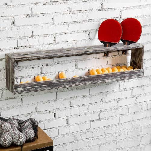 Torched Wood Wall Mounted Ping Pong Paddle Display Rack with Ball Storage Holder Shelf-MyGift