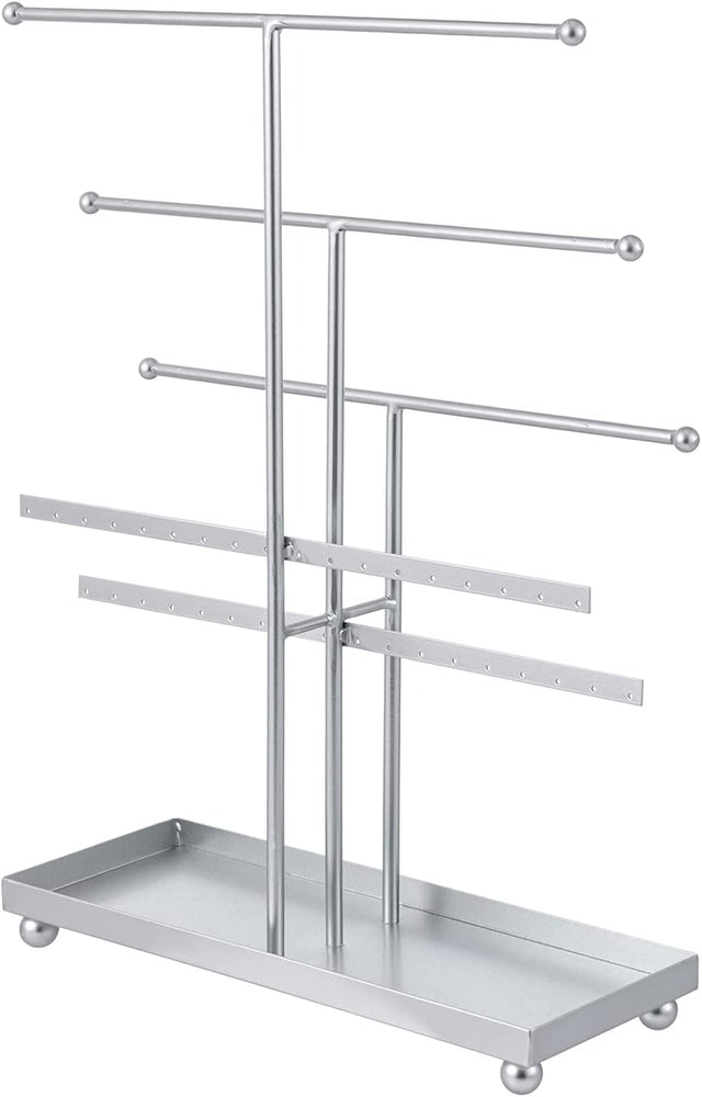 Tiered Silver Metal T Bar Jewelry Organizer Stand with Ring Tray, Necklace Hanger Bars, and Earring Rails-MyGift