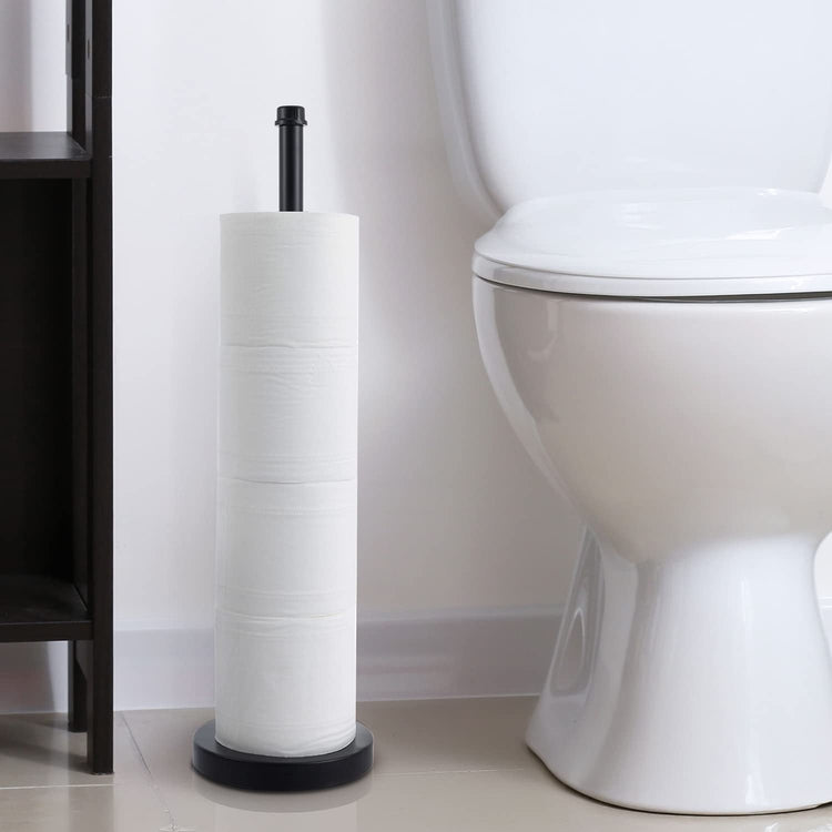 Toilet Paper Holder Stand, Black Metal Pipe Freestanding Bathroom Tissue Storage, Floor Standing Spare Roll Reserve-MyGift
