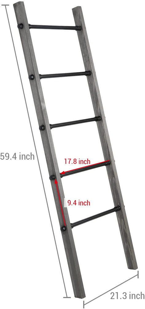 5-ft Blanket Ladder, Wall-Leaning Decorative Storage Ladder with Weathered Gray Wood and Industrial Metal Pipe Rungs-MyGift