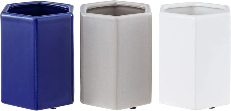 Set of 3, Hexagonal Multi-Colored Ceramic Desktop Pencil, Stationery Holders (White, Gray, Blue)-MyGift