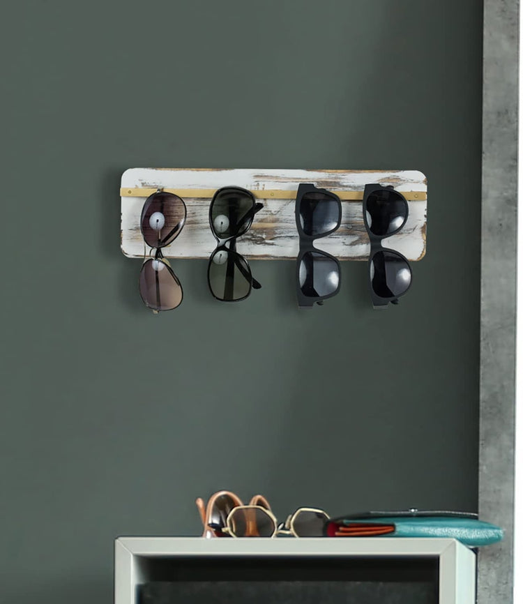 Whitewashed Wood Wall Mounted Sunglasses Holder Display Organizer Rack with Brass Tone Metal Storage Rail-MyGift