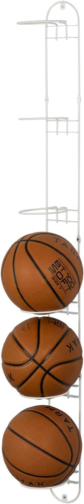 Wall Mounted White Metal Sports Ball Holder Rack, Vertical Storage for Basketballs, Volleyballs-MyGift