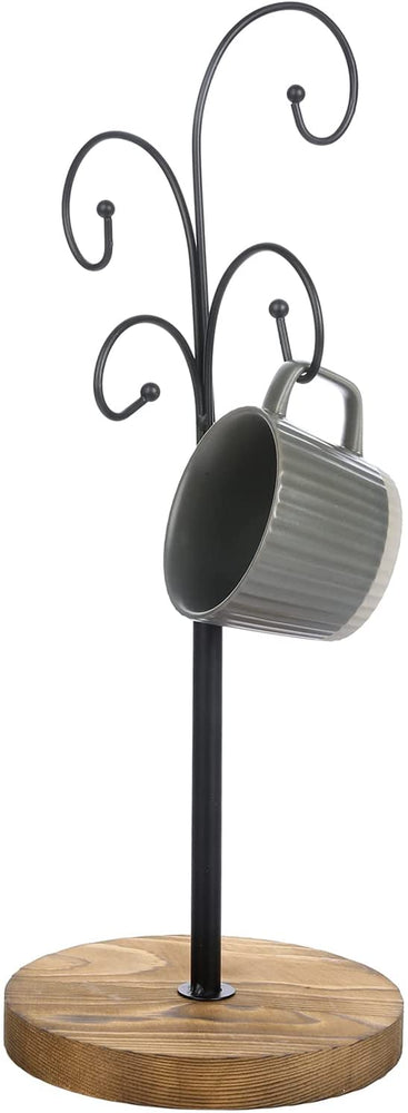 Tabletop Coffee Mug Tree, Teacup Holder Rack with Brown Wood Base and 4 Black Metal Curved Hook Arms-MyGift