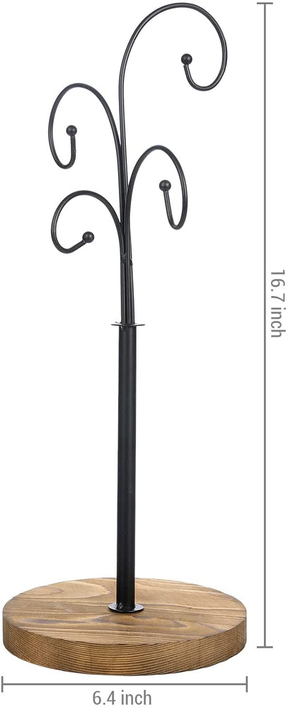 Tabletop Coffee Mug Tree, Teacup Holder Rack with Brown Wood Base and 4 Black Metal Curved Hook Arms-MyGift
