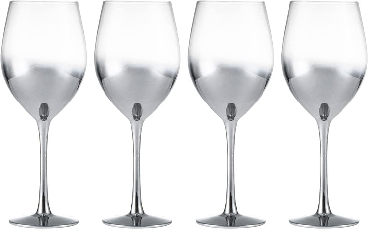 Set of 4, Dark Silver Metal Tone Stemmed Wine Glasses with Reflective Smokey Gradient Design-MyGift