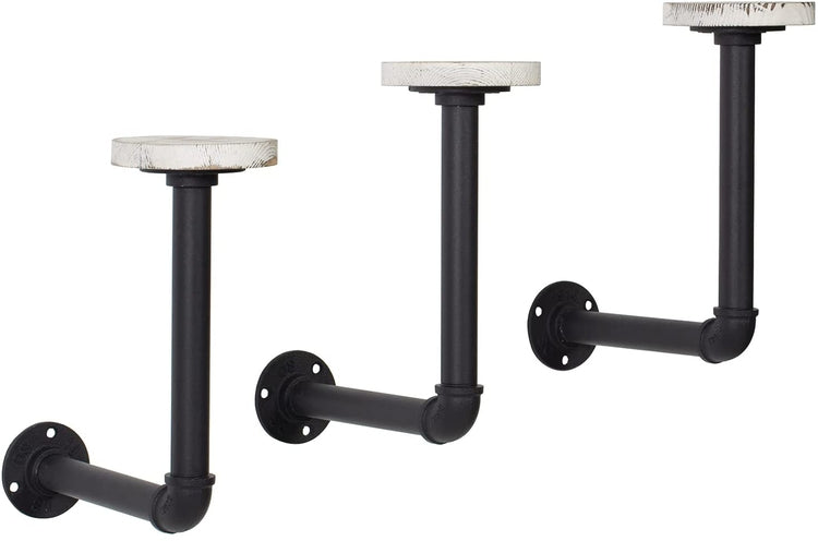 Set of 3, Hat Rack Wall Mount Industrial Black Metal Pipe and Whitewashed Wood Circular Form Wig Holder-MyGift