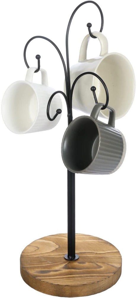 Tabletop Coffee Mug Tree, Teacup Holder Rack with Brown Wood Base and 4 Black Metal Curved Hook Arms-MyGift