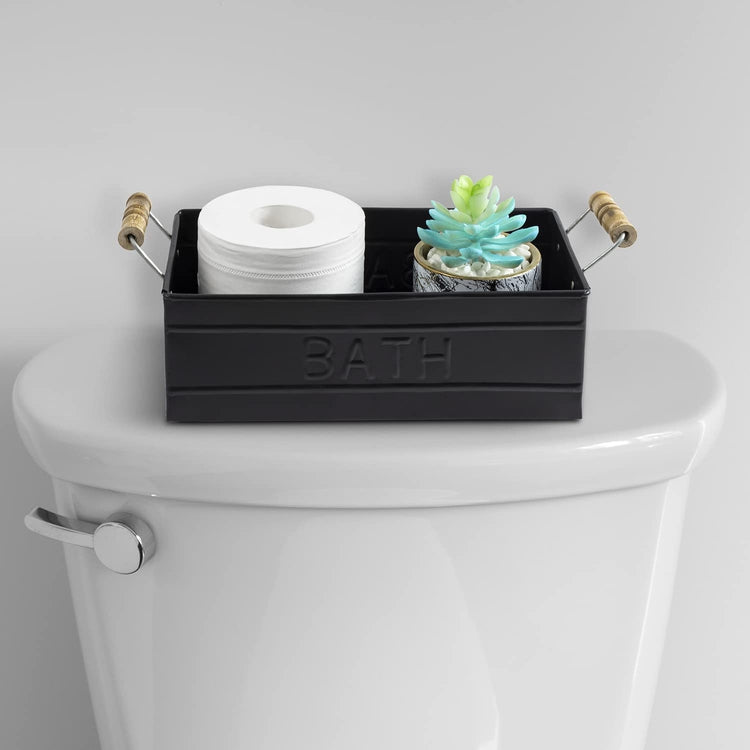 Matte Black Metal Bathroom Storage Basket with Wood Handles, Toiletries Holder Organizer Bin with Embossed BATH Label-MyGift