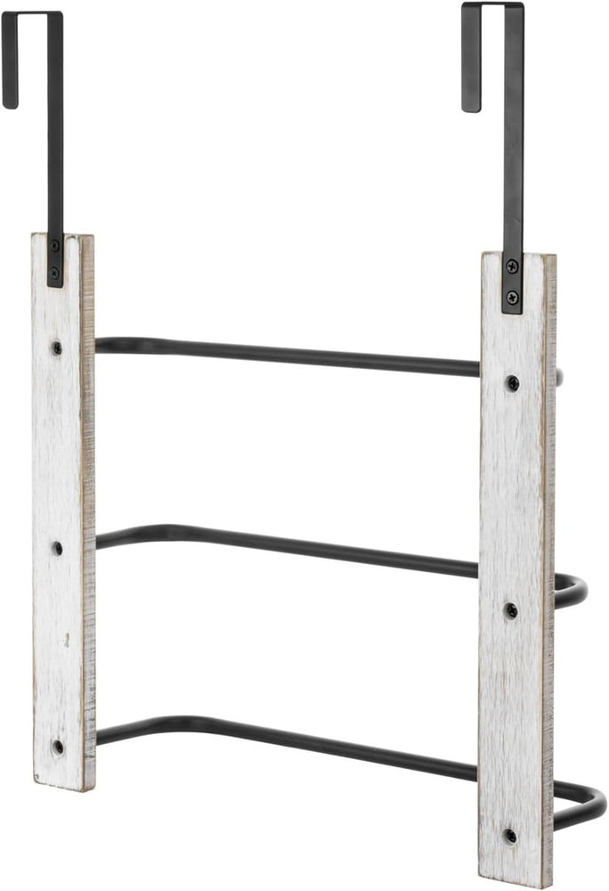 Over the Door Towel Rack in Whitewashed Wood and Tiered Matte Black Metal Bars, Space Saving Storage Drying Towel Hanger-MyGift