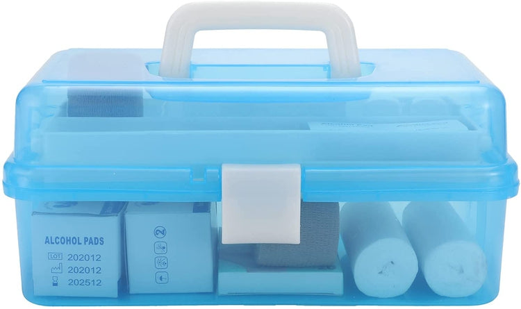 Blue Plastic First Aid Kit Case, Arts & Crafts Storage Box with Folding 2-Tiered Tray-MyGift