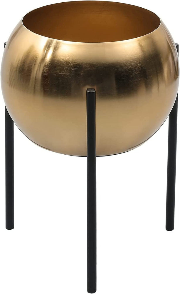 Brass Plated Metal Round Succulent Planter Pot with Black Metal Display Riser Stand-MyGift