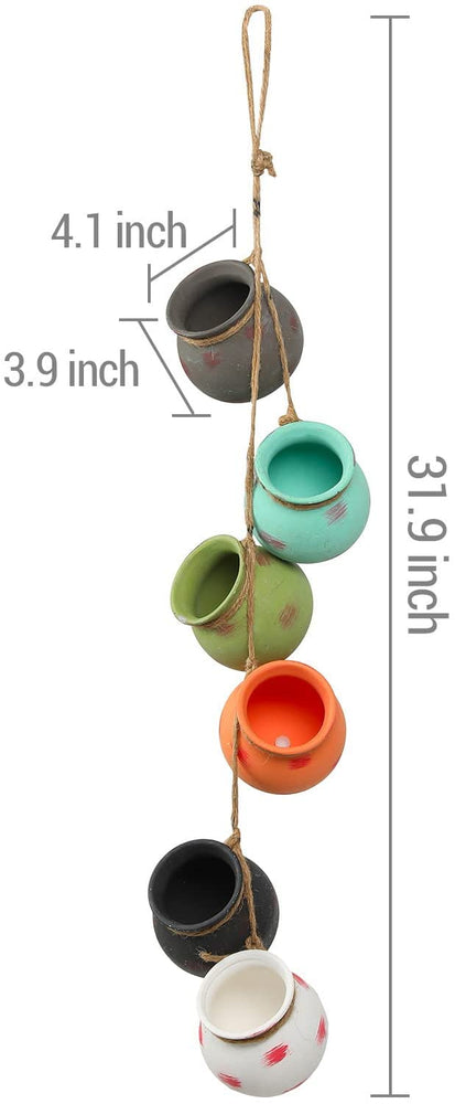 Wall Hanging Southwest Colored Planter Pot Set with Jute Rope, Mini Ceramic Wall Planters, 6 Piece Set for Succulents-MyGift