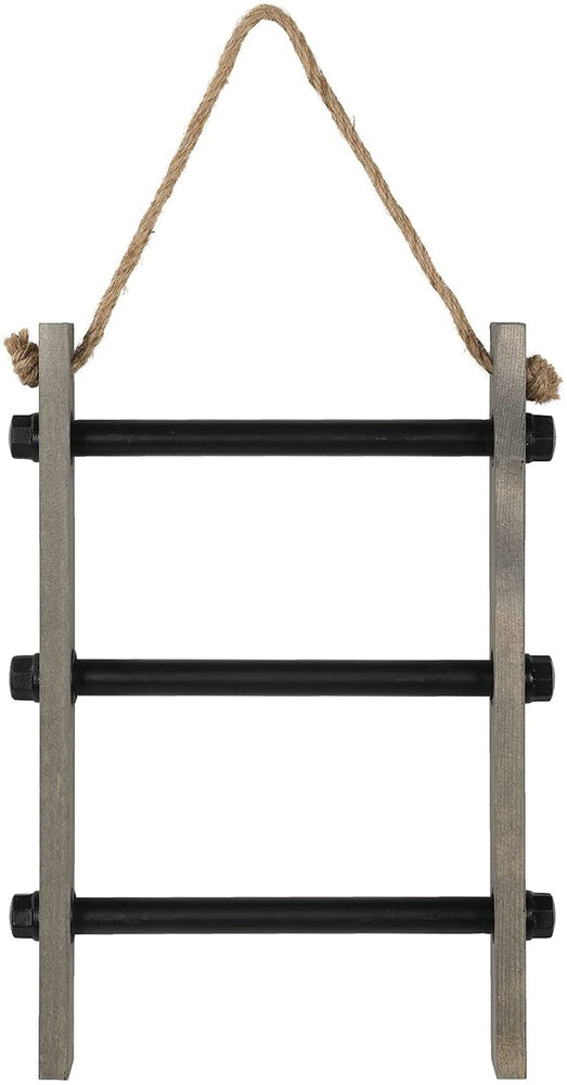 3-Tiered Industrial Pipe and Grey Wood Wall Mounted Towel Ladder, Rope Hanging Hand Towel Holder-MyGift