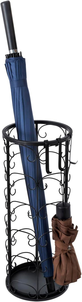 Black Metal Umbrella Stand with Decorative Vintage Scrollwork, Freestanding or Walking Stick Holder Rack with 3 Hanger Hooks for Compact Travel Umbrellas-MyGift