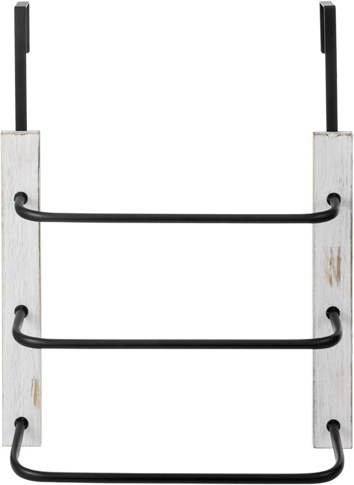 Over the Door Towel Rack in Whitewashed Wood and Tiered Matte Black Metal Bars, Space Saving Storage Drying Towel Hanger-MyGift