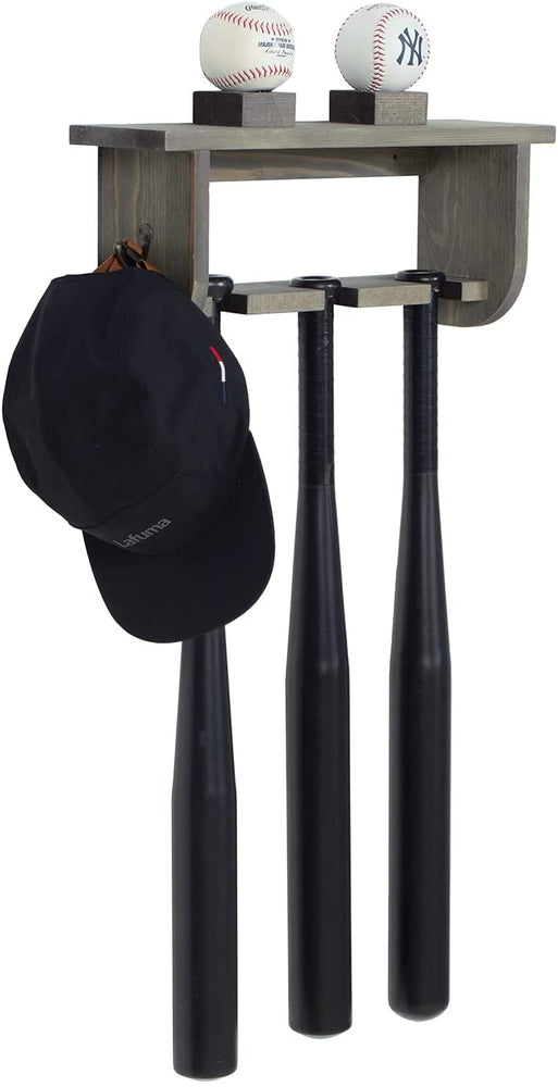 Wall Mounted Baseball Gear Rack, Gray Wood Hat Rack for Wall Hanging Display Shelf, 2 Ball Holders and Cap, Glove Hook-MyGift