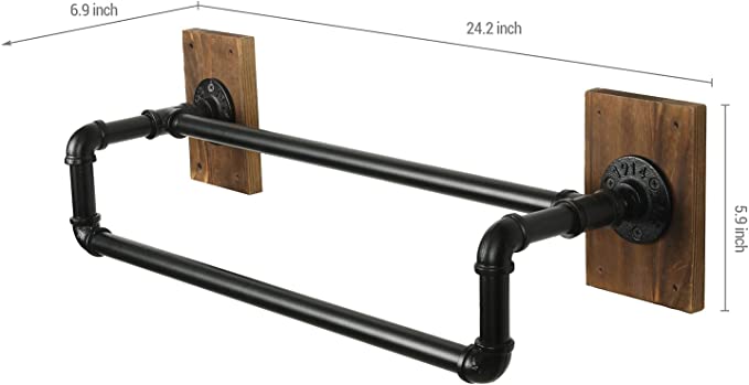 Industrial Pipe Towel Bar 24 inch Towel Rack Towel Holder, Wall Mounted Double Bar Towel Rack-MyGift