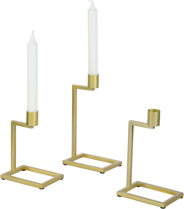 Set of 3, Decorative Candlestick Holders, Brass Tone Metal Tabletop Tiered Taper Candle Stands-MyGift