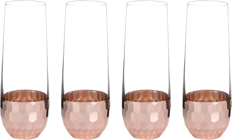 Set of 4, Stemless Champagne Flute Party Glasses with Hammered Style Copper Plated Bottoms-MyGift