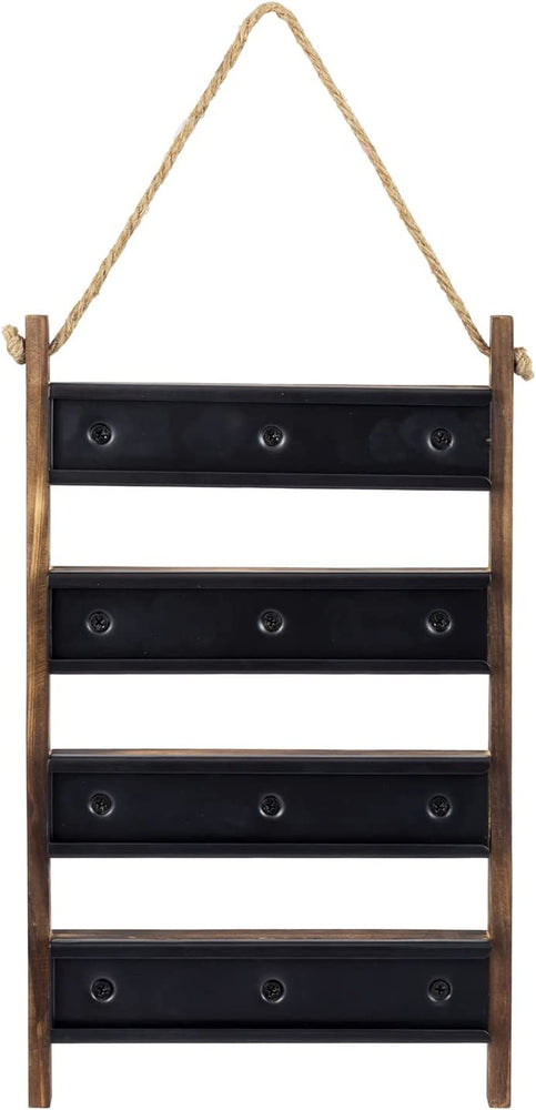 Wall Hanging Burnt Wood Coffee Pod Capsule Holder Rack with Tiered Black Metal Rung Sliding Storage and Rope Accent-MyGift
