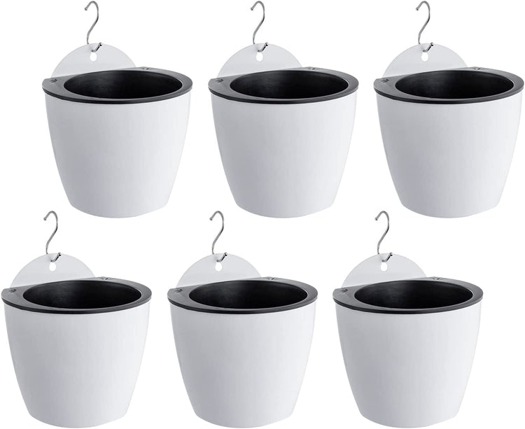 Set of 6, 7 Inch Wall Mountable Self Watering White Planter Pots, Hanging Hard Plastic Pot for Herb Succulent Cactus-MyGift