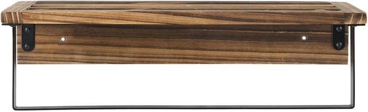 Burnt Wood and Black Metal Wall-Mounted Towel Rack with Bath Storage Shelf-MyGift
