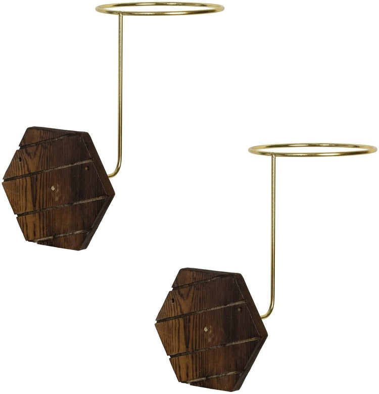 Set of 2, Wall Mounted Brass Tone Metal Hat Racks with Hexagon Burnt Wood Backing-MyGift