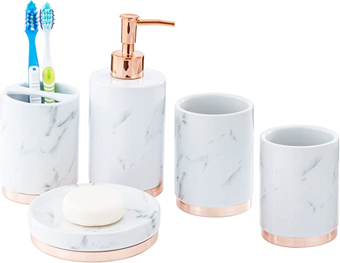 Modern Bathroom Accessories Set, Bath Accessory with Toothbrush Holder, Pump Dispenser, Tumbler and Soap Dish-MyGift