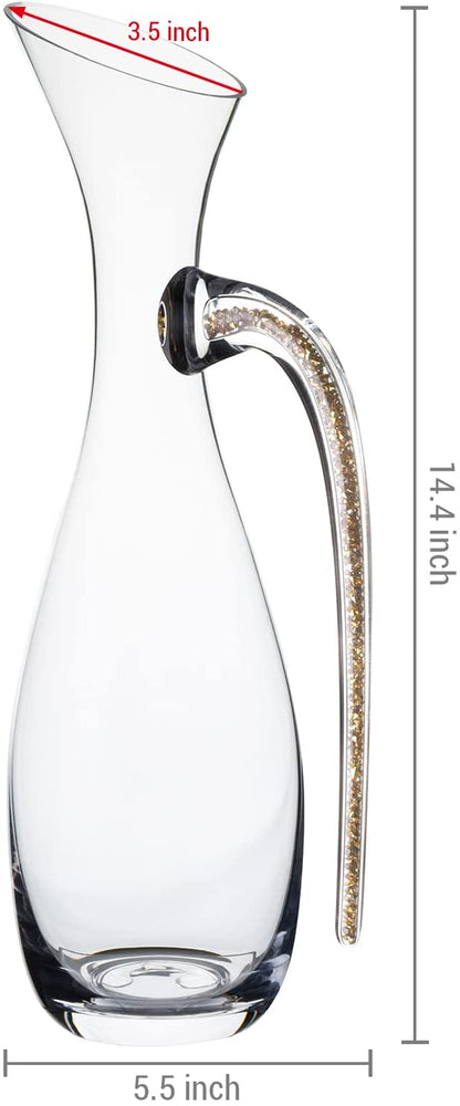 Clear Glass Wine Decanter Beverage Pitcher Carafe with Spout, Handle and Embedded Gold Tone Faux Gems-MyGift