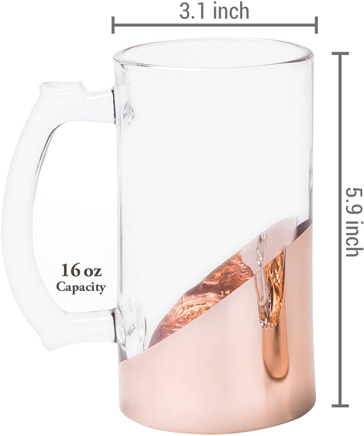 Set of 2, Glass 16 oz Beer Pint Mug with Angled Copper Design and Handle-MyGift