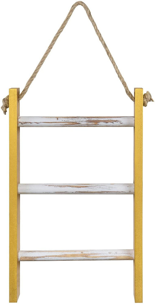 3 Tier Brass Tone and Whitewashed Wood Wall Hanging Hand Towel Storage Ladder with Rustic Rope-MyGift