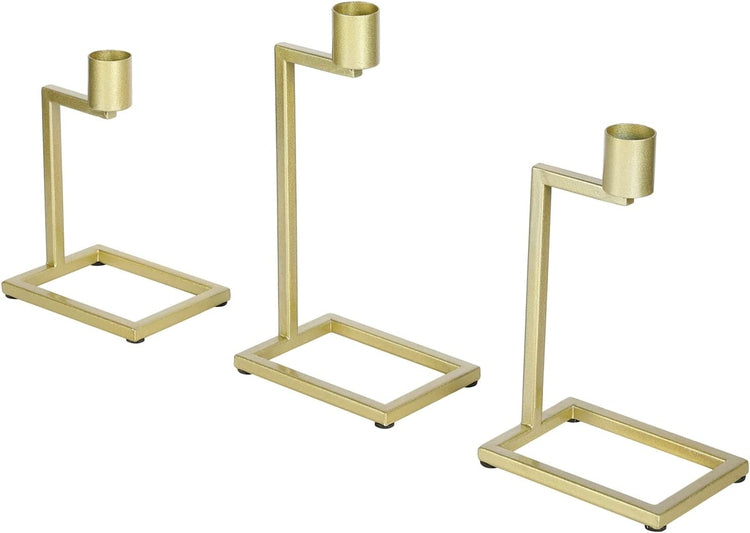 Set of 3, Decorative Candlestick Holders, Brass Tone Metal Tabletop Tiered Taper Candle Stands-MyGift