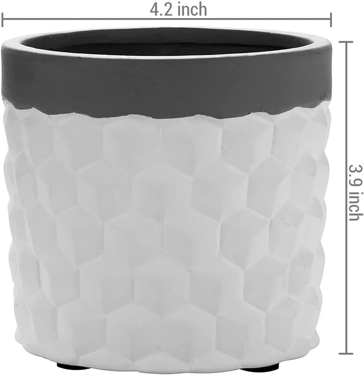 Set of 2, Concrete Planter Flower Pots with White Geometric Embossed Pattern Design and Gray Rim-MyGift