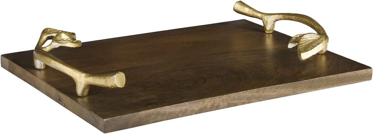 Wooden Serving Tray, Mango Wood Tray with Elegant Gold Leaf Metal Handle Decorative Coffee Table Display Platter-MyGift