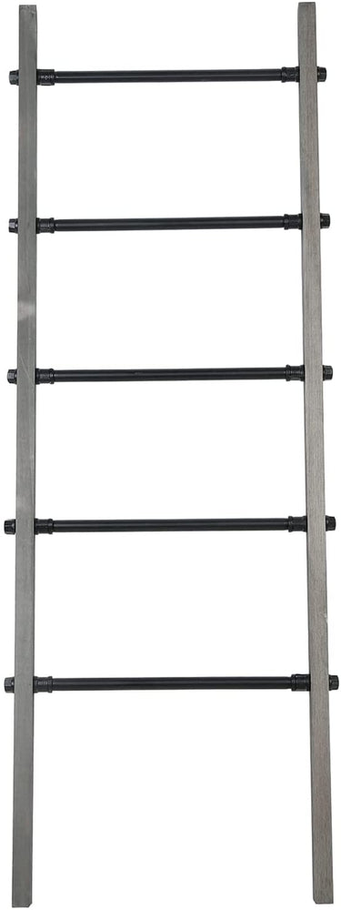 5-ft Blanket Ladder, Wall-Leaning Decorative Storage Ladder with Weathered Gray Wood and Industrial Metal Pipe Rungs-MyGift