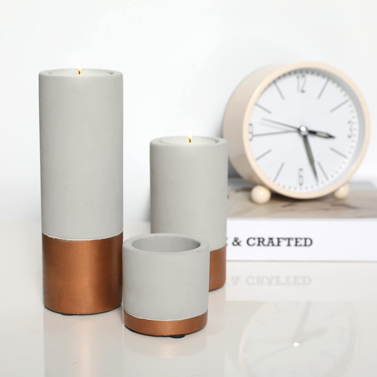 Gray Concrete Cylindrical Tealight Votive Holder Candle Stick with Copper Tone Accent, Set of 3 Cascading Sizes-MyGift