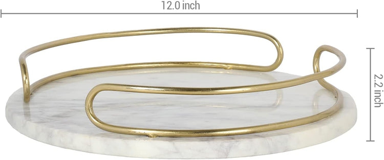 Round White Marble Serving Tray with Brass Metal Handles, Appetizer Dessert Tray, Vanity Jewelry, Makeup, Perfume Tray-MyGift