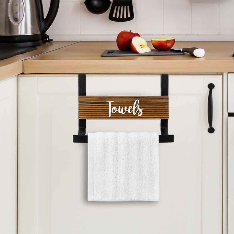 Burnt Wood and Industrial Black Metal Over Cabinet Door Kitchen Hand Towel Bar Hanger Rack with Cursive Writing-MyGift