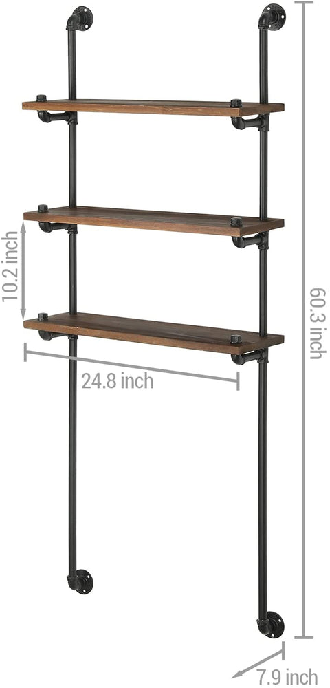 Rustic Industrial Pipe and Burnt Wood 3 Tier Over-the-Toilet Wall Storage Shelf Rack-MyGift
