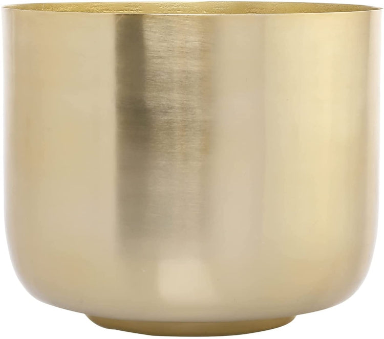 Small Plant Pot, Decorative Brushed Brass Metal Pot with Solid Mango Wood Planter Stand-MyGift