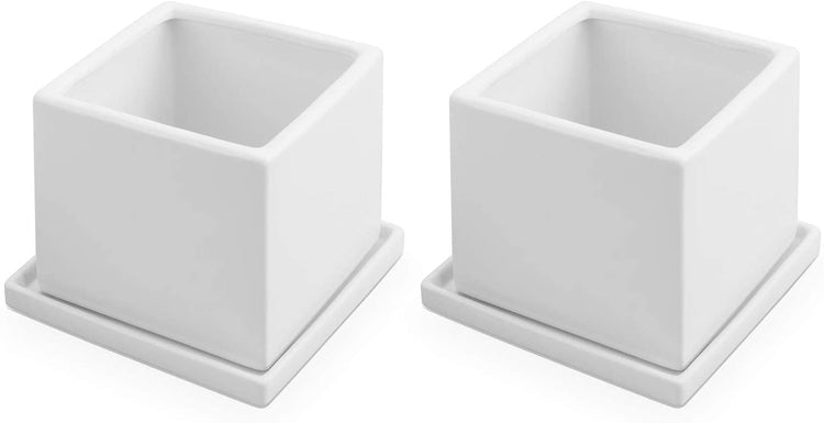 Set of 2 White Square Ceramic Planters with Matching Removable Saucers-MyGift