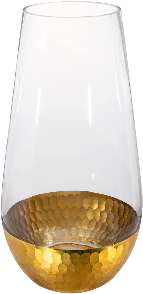 Clear Round Glass Vase with Tapered Top, Table Flower Vase with Gold-Tone Metal Hammered Base Accent-MyGift