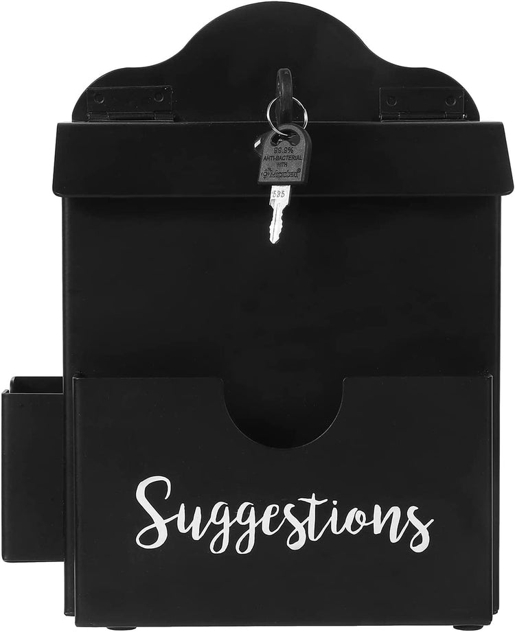 Metal Suggestion Box, Matte Black Wall Mounted or Tabletop Comment Box with Lock, Keys, Paper Sheet and Pen Holder Slots-MyGift