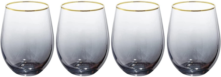 Deluxe Translucent Smoked Gray Stemless Wine Glasses with Brass-tone Rim, Party Set of 4-MyGift