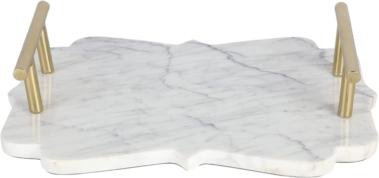White Marble Serving Tray with Brass Tone Handles, Elegant Decorative Tray Home Decoration-MyGift