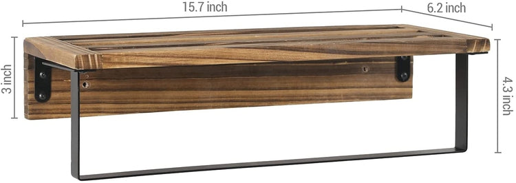 Burnt Wood and Black Metal Wall-Mounted Towel Rack with Bath Storage Shelf-MyGift